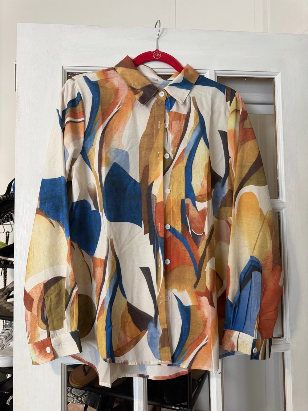 Abstract Multicolor womensButton-Up Shirt - Cream & Blue